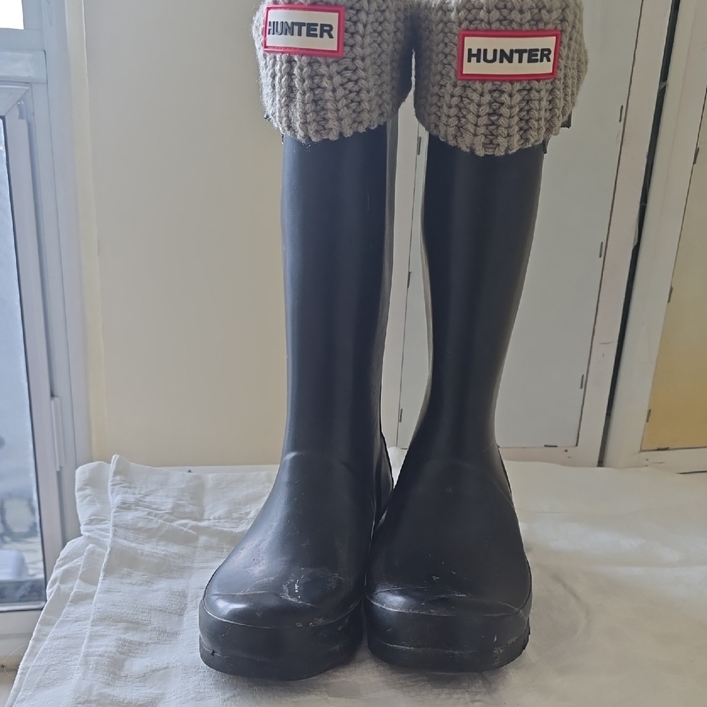 Hunter Black Rain Boots with Taupe Knit Cuffs